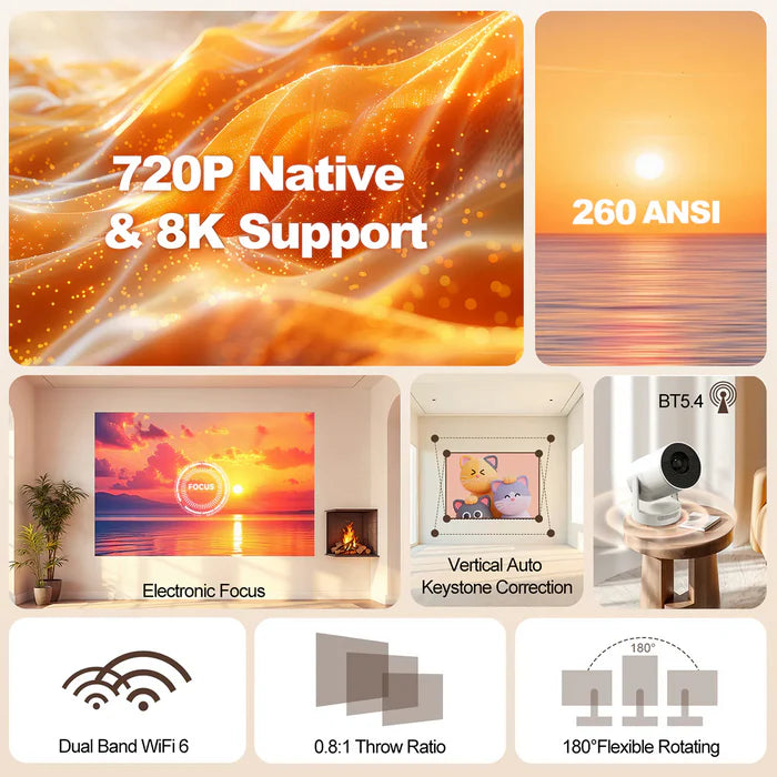 UItra Portable Projector with Electronic Focus 720P 260ANSI Speaker Android 11 BT5.4 180° flexible Home Outdoor
