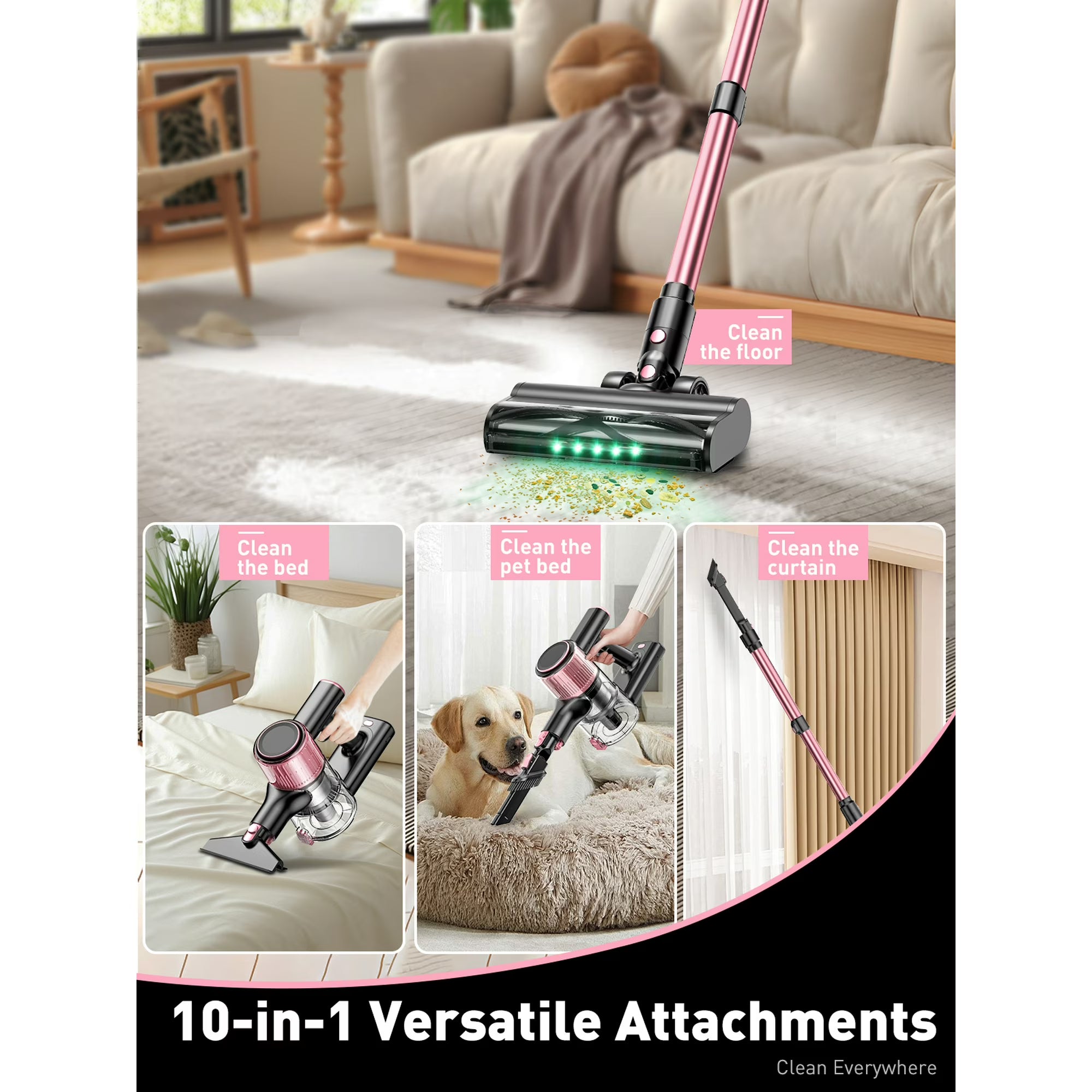Cordless Vacuum Cleaner, 10 in 1 Stick Vacuum with Powerful Suction, Hose, Green LED Light, Anti-Tangle Brush, Lightweight Rechargeable Vacuum Cleaner for Home, Hardwood Floors, Carpets,Pink