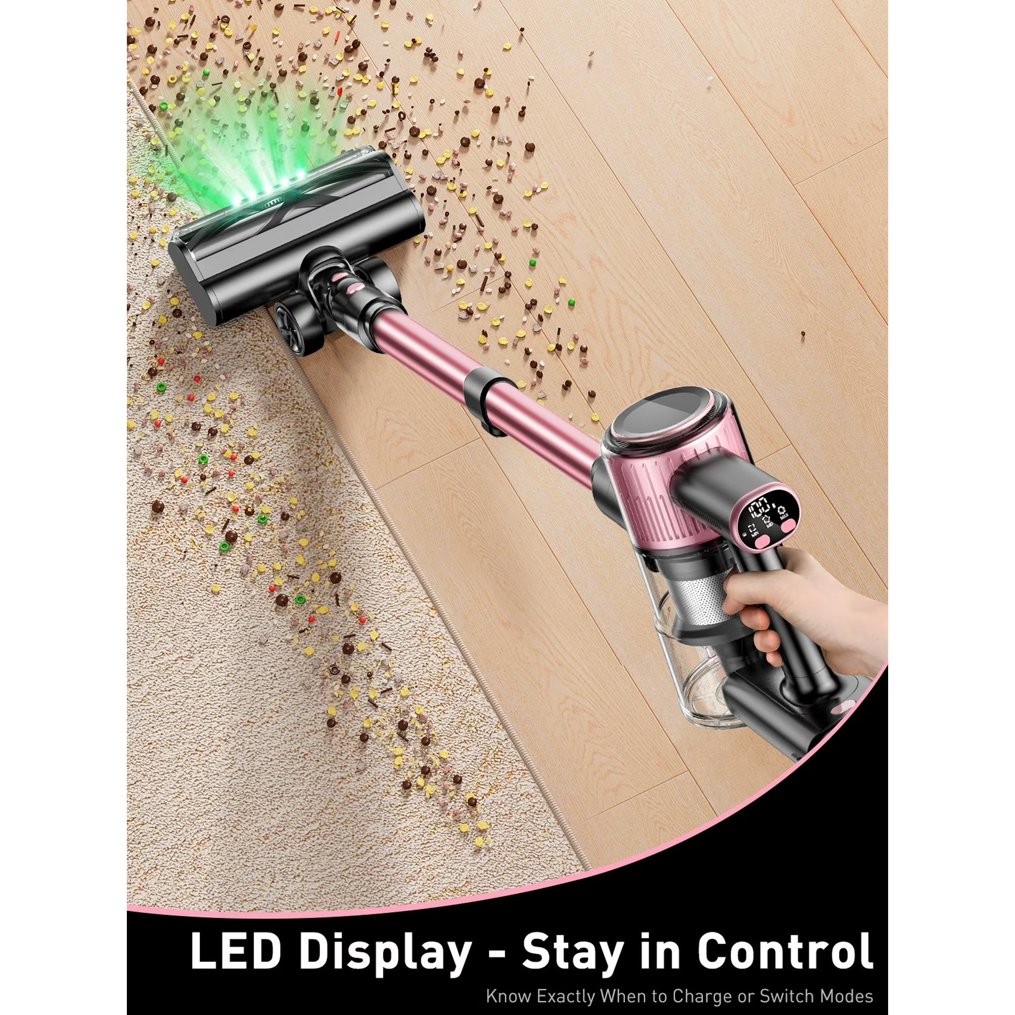 Cordless Vacuum Cleaner, 10 in 1 Stick Vacuum with Powerful Suction, Hose, Green LED Light, Anti-Tangle Brush, Lightweight Rechargeable Vacuum Cleaner for Home, Hardwood Floors, Carpets,Pink