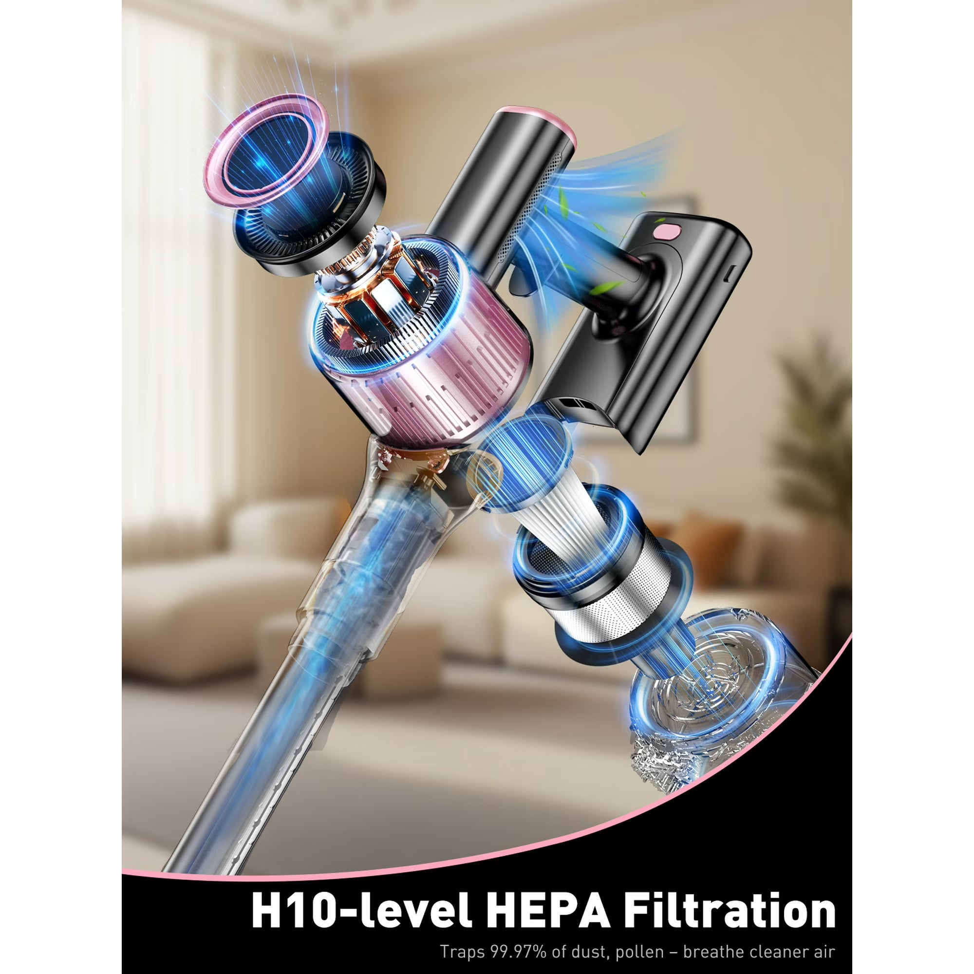 Cordless Vacuum Cleaner, 10 in 1 Stick Vacuum with Powerful Suction, Hose, Green LED Light, Anti-Tangle Brush, Lightweight Rechargeable Vacuum Cleaner for Home, Hardwood Floors, Carpets,Pink