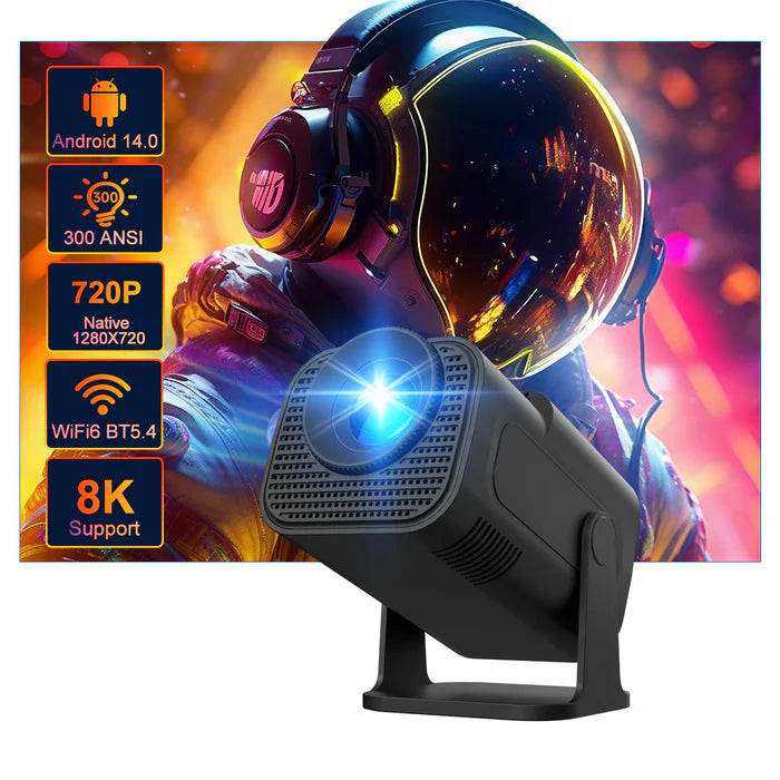 Mini Newly Native 720P 8K Projector 300ANSI Android 14 Wifi6 BT5.4 Cinema Outdoor Portable 180° Rotable Projector